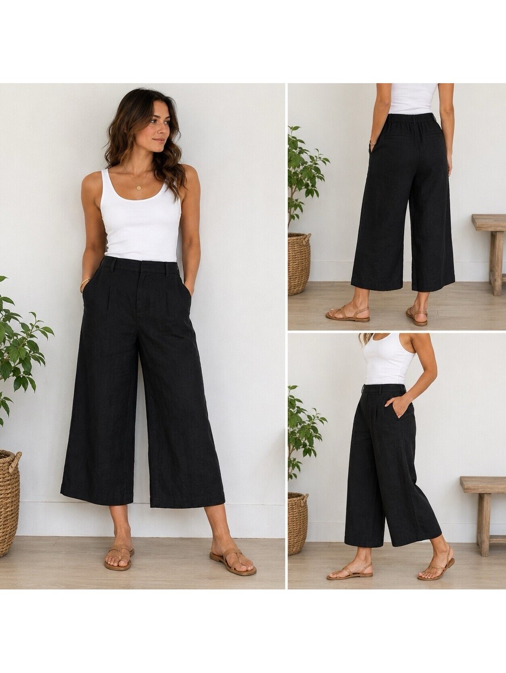 Tahari Black Linen Wide Leg Pants Women M European Flax Cropped Culottes Lagen